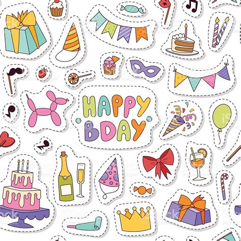 Celebratory seamless pattern with gifts, balloons, confetti, hearts.... | Happy birthday icons ...