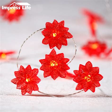 Poinsettia String Lights, 10ft 40 LEDs, Red Flower Christmas Fairy ...