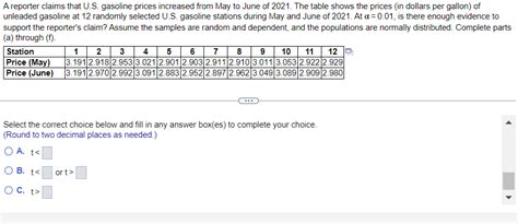 Solved A reporter claims that U.S. gasoline prices increased | Chegg.com