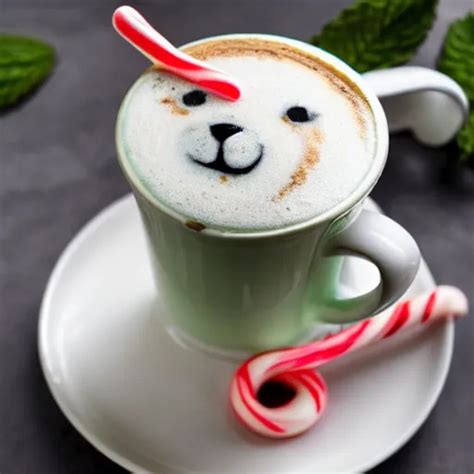 A peppermint latte with polar bear latte art, plate... | OpenArt