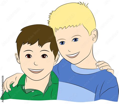 Drawing of two young boys who are best friends, smiling, with their arms around each other ...