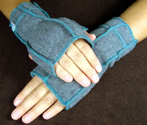 MEDIUM Gray Recycled Fleece Fingerless Gloves teal thread