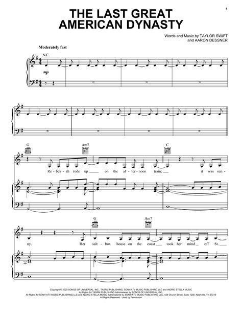 the last great american dynasty by Taylor Swift Sheet Music for Piano, Vocal & Guitar Chords ...