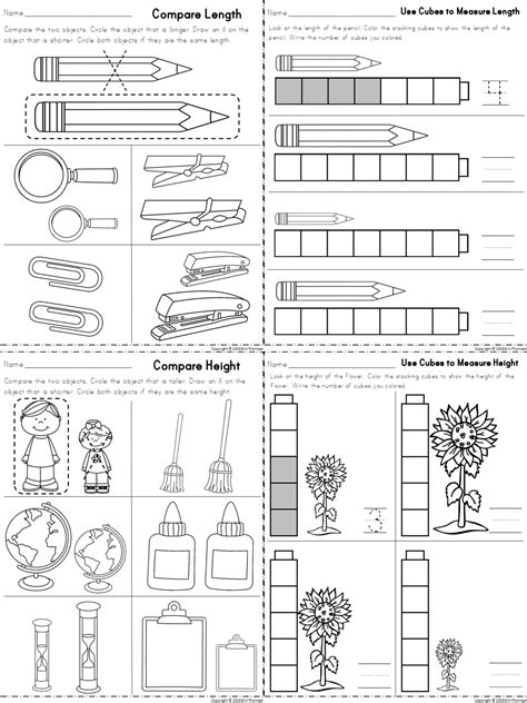 Worksheets for measuring length and height. Part of a kindergarten math ...