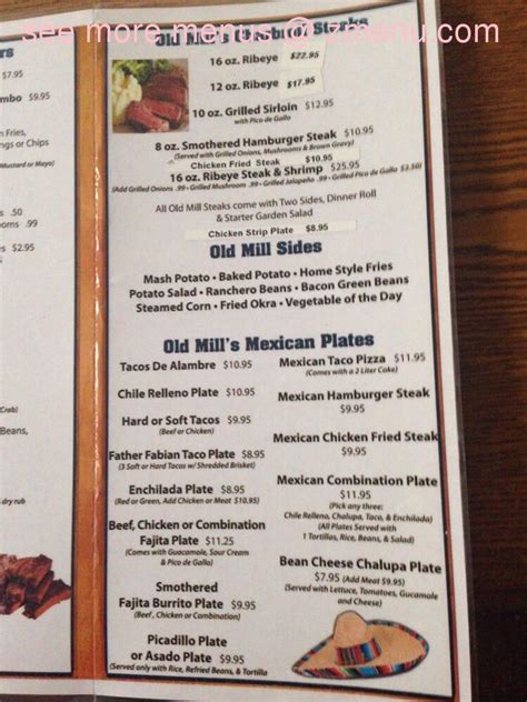 Menu at Old Mill Restaurant, Pecos