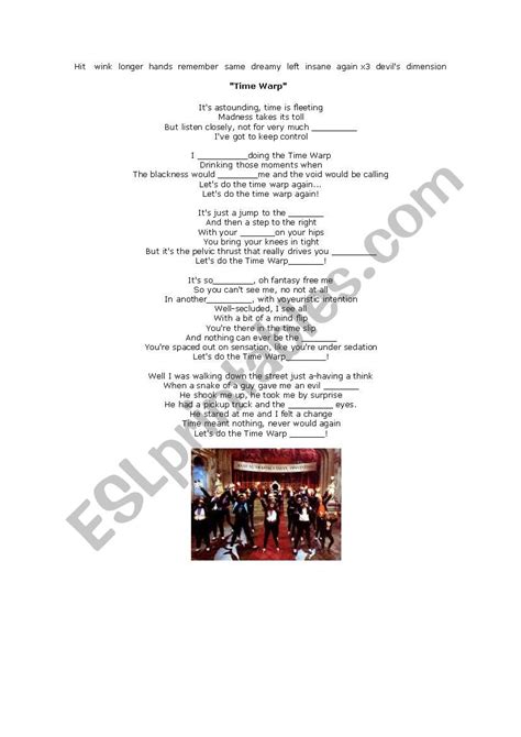 Time Warp Song - ESL worksheet by kelloggs