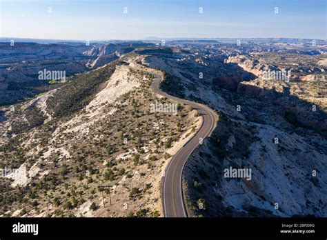 Aerial views of Utah highway 12 at the Hogsback ridge formation Stock ...