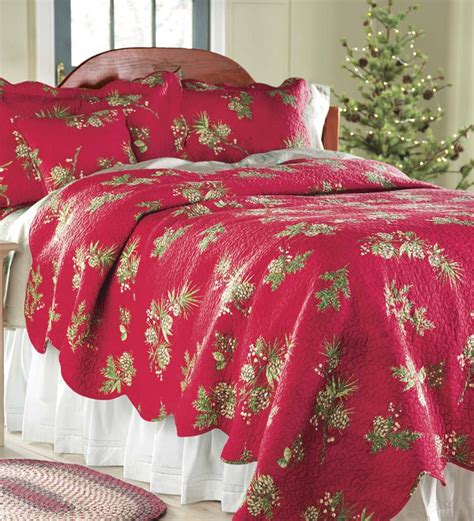 Our reversible, lightweight Peaceful Pine Quilt Set features a pine pattern on rich red, whole ...