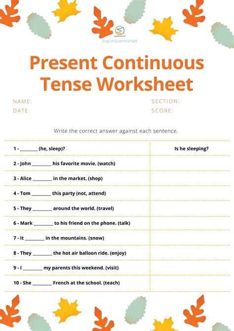 Present Continuous Tense Worksheets with Answers - EnglishGrammarSoft