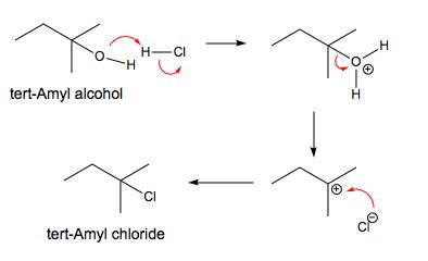 Draw a full reaction mechanism for the synthesis of tert-amyl chloride from tert-amyl alcohol ...