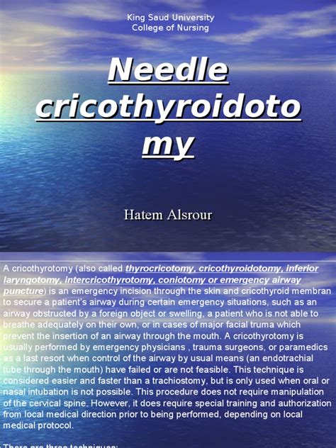 Needle Cricothyroidotomy | PDF | Clinical Medicine | Traumatology