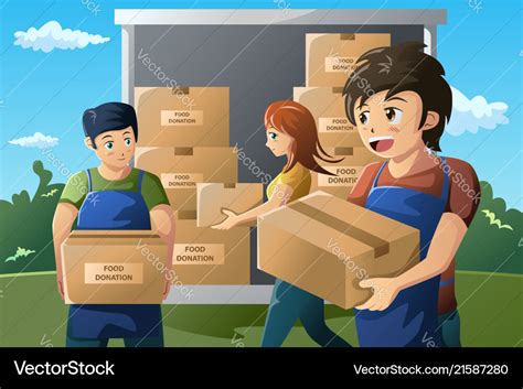 Team of volunteer working at food donation center Vector Image