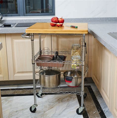rolling kitchen island cart 3 tiers metal utility trolley with bamboo top