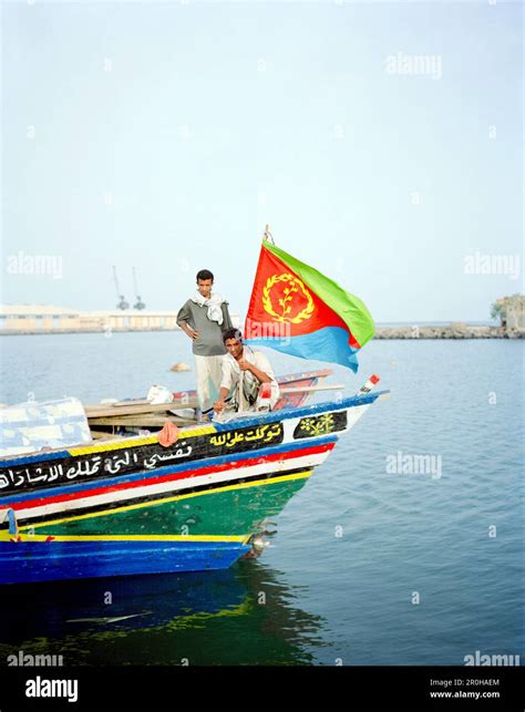 ERITREA, Assab, Yemenese fishermen on the front of their boat in the Port of Assab , Red Sea ...