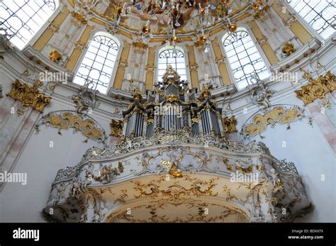 Interior view with organ, Ettal Abbey, monastery church, pilgrimage church, Bavaria, Germany ...