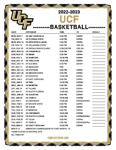 Printable 2022-2023 UCF Knights Basketball Schedule