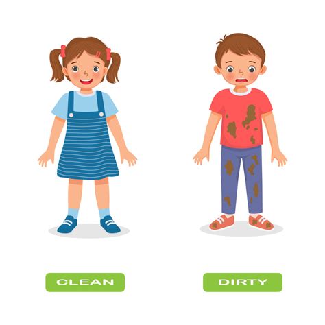 Opposite adjective antonym clean and dirty words illustration of kids clothes explanation ...