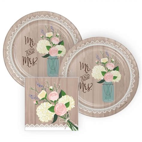 Rustic Wedding Bridal Shower Paper Plates and Napkins - 16 Servings - Bundle: 3 Items - CB18CGLTYMO