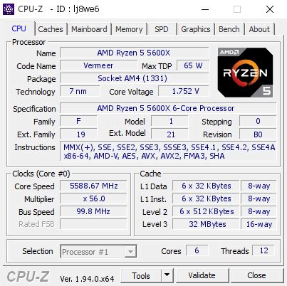 AMD Ryzen 5 5600X @ 5588.67 MHz - CPU-Z VALIDATOR