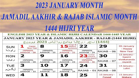 2023 January Calendar Jamadil Aakhir Rajab Islamic Month Hijri