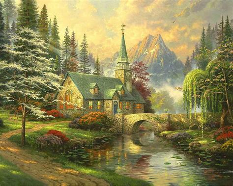 Thomas Kinkade Oil painting Art printing on the canvas, Home wall decoration, The scenery church ...