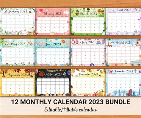 EDITABLE Monthly Calendar 2023 12 Beautiful Printable Monthly - Etsy