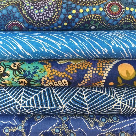 Aboriginal Art Fabric 5 Fat Quarter Bundle - Blue Colourway by M & S Textiles