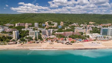 GOLDEN SANDS BEACH, VARNA, BULGARIA - MAY 19, 2017. Aerial view of the beach and hotels in ...