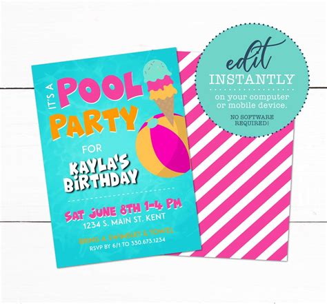 Girls Swim Pool Birthday Party Invitation Kids Swimming Birthday Party ...