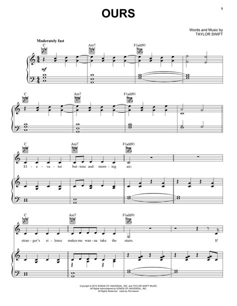 Ours by Taylor Swift Sheet Music for Piano, Vocal & Guitar Chords ...