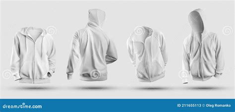 3d Rendering White Hoodie Mockup, With Zipper Closure, Pocket, Front, Back View, Sweatshirt ...