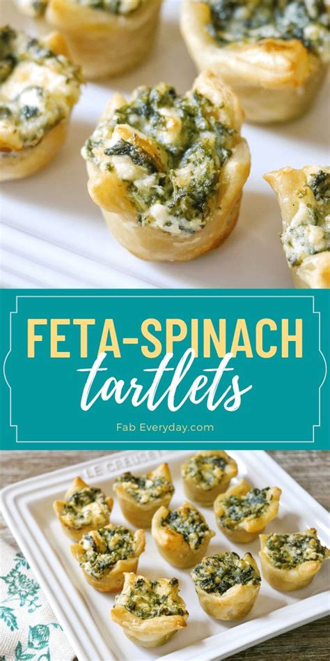 mini spinach tartles on a plate with text overlay that reads, feta ...