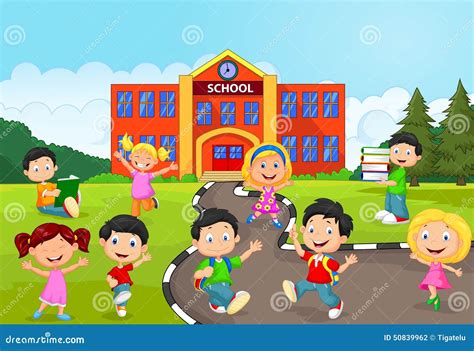 Happy School Children Cartoon In Front Of School Stock Vector - Image ...