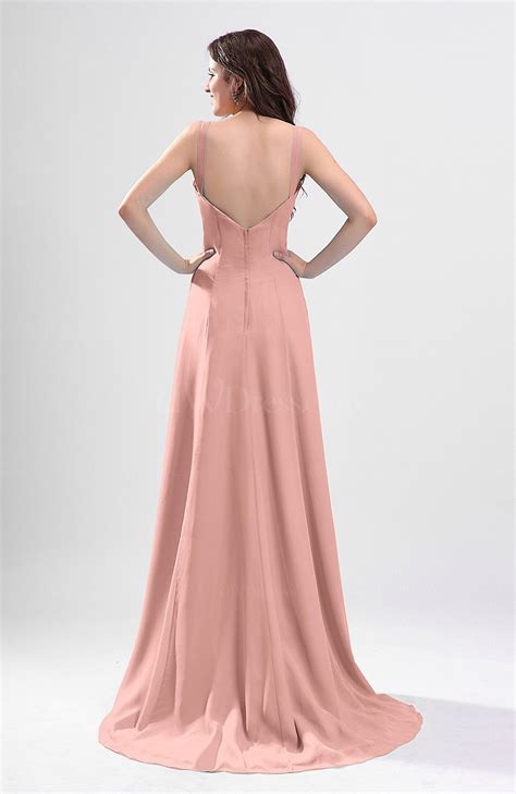 Peach Simple Column Thick Straps Sleeveless Chiffon Pleated Wedding Guest Dresses - UWDress.com