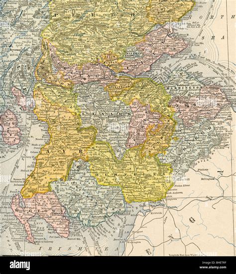 Old map of Lowlands (Scotland) from original geography textbook, 1884 ...