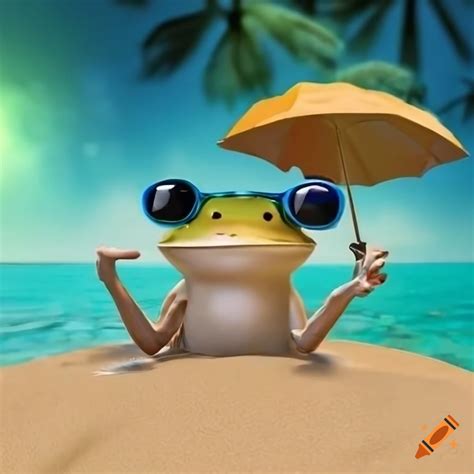 3d funny frog on a beach with sunglasses and a drink on Craiyon