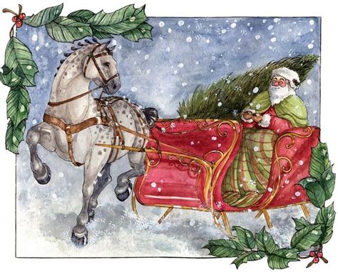 XMAS SLEIGH CARD | Christmas watercolor, Horse christmas ornament ...