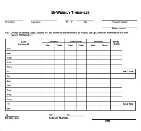 Printable Biweekly Timesheet