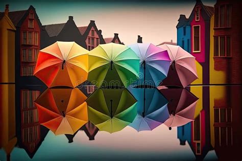 Rainbow-colored Umbrellas Reflected in the Water of a Canal Stock Image ...