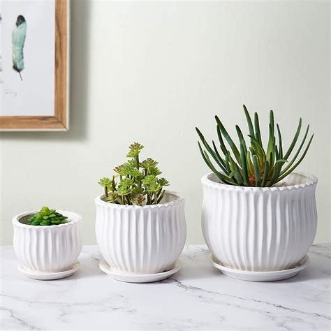 Buy MyGift Modern Fluted White Ceramic Indoor Plant Pots with Drainage ...