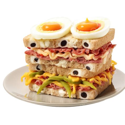 Fun Halloween Monster Sandwich With Slice Meat Sausage, Eggs And Cheese On Plate, Cheese ...