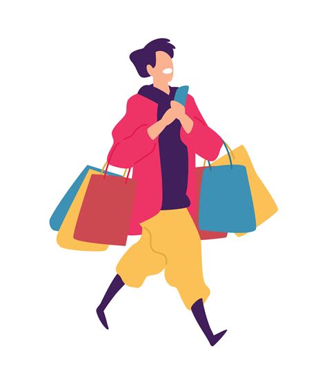 Illustration of a young guy with purchases. Vector. Positive flat illustration in cartoon style ...