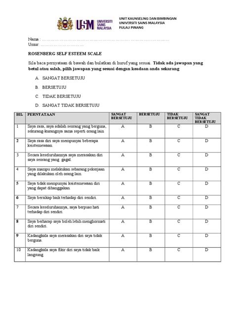 Rosenberg Self Esteem Scale Printable Rosenberg Self Esteem Scale ...