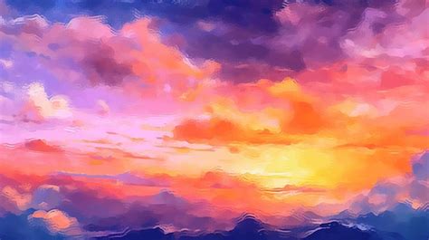 Premium AI Image | A painting of a sunset with a purple sky and mountains in the background.