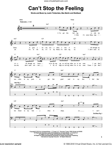 Can't Stop The Feeling sheet music for bass (tablature) (bass guitar)