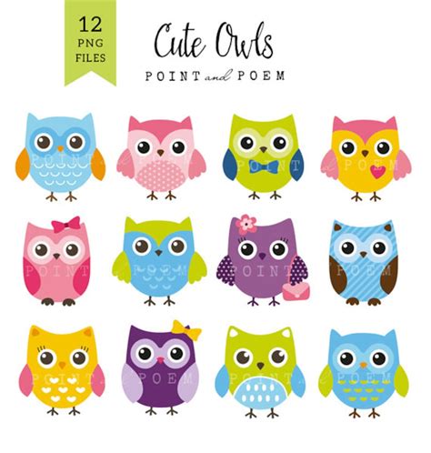 Owl Clip Art, Owl Clipart, Cute, Sweet, Whimsical, Pink, Purple, Green ...