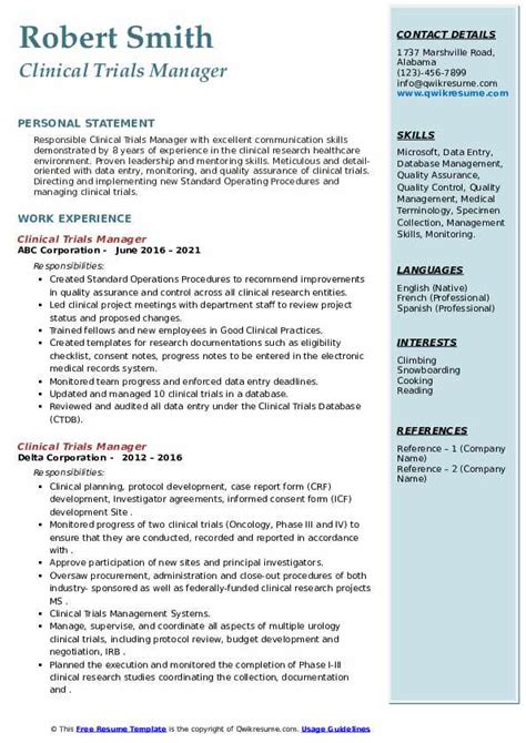 Clinical Trials Manager Resume Samples | QwikResume