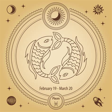 Pisces zodiac sign, astrological horoscope sign. Outline drawing in a decorative circle with ...