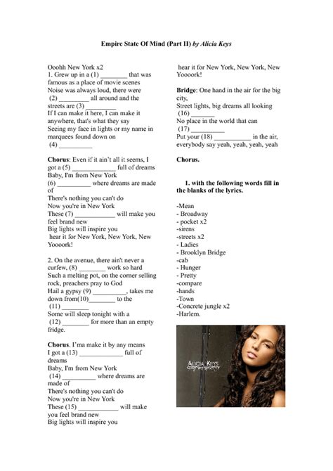 Song Worksheet: New York (Empire State of Mind) by Alicia Keys