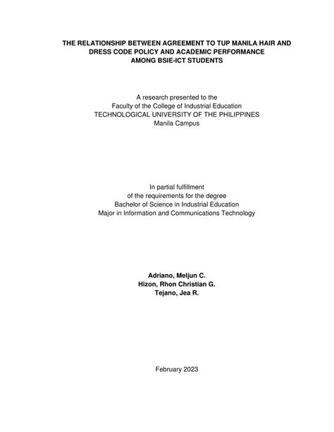 (PDF) THE RELATIONSHIP BETWEEN AGREEMENT TO TUP MANILA HAIR AND DRESS CODE POLICY AND ACADEMIC ...